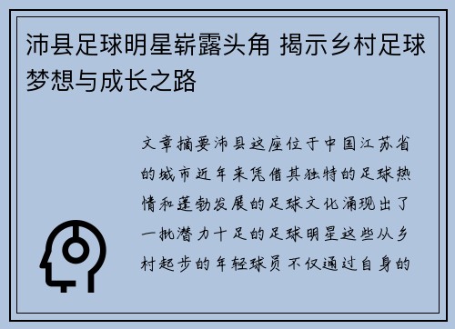 沛县足球明星崭露头角 揭示乡村足球梦想与成长之路